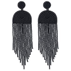 Long Boho Black Beaded Tassel Fringe Dangling Drop Fan Chandelier Post Earrings